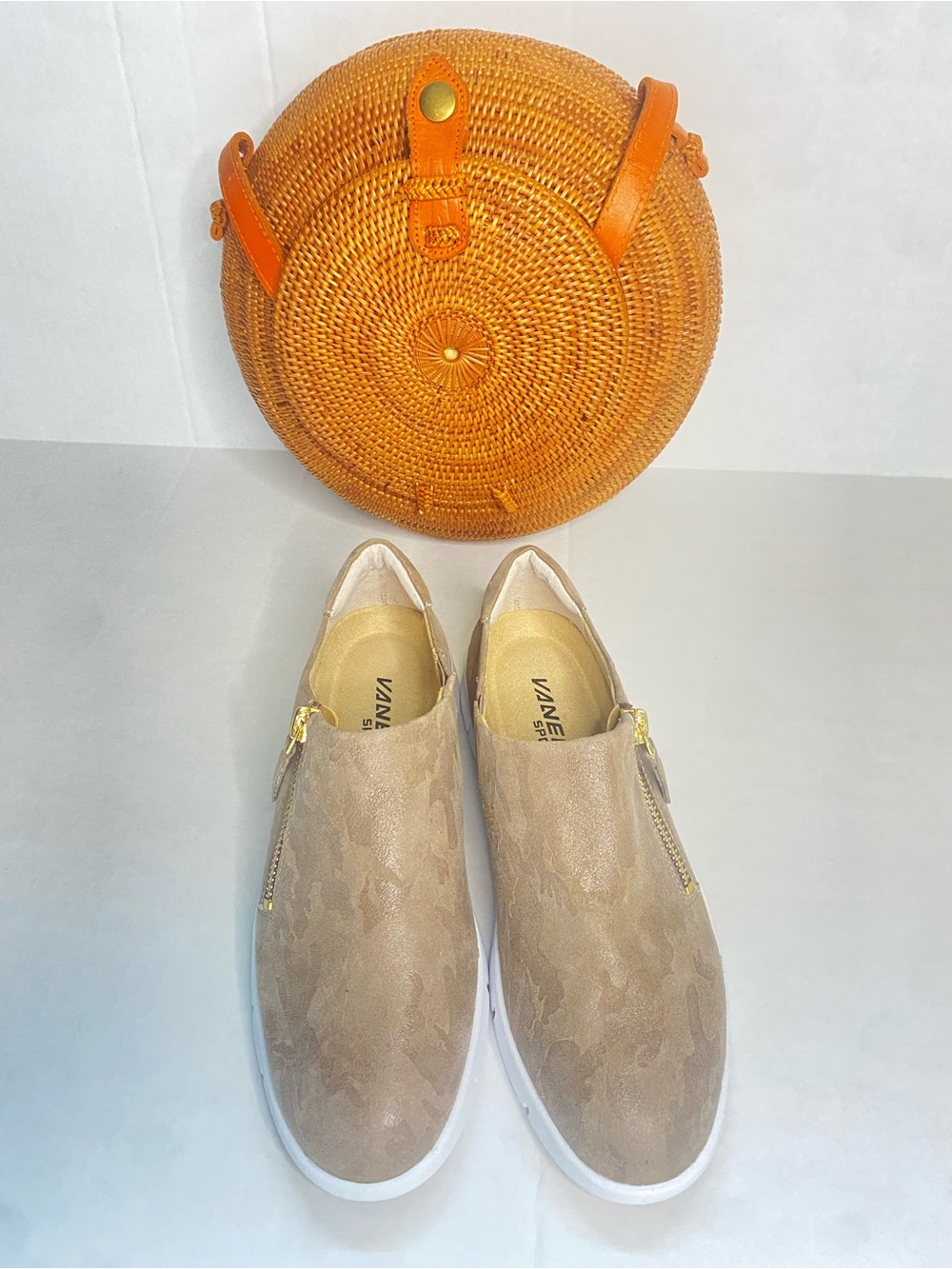 Vaneli Sport Suede Camo Slip On Sneakers Beige Gold Zip Size 5